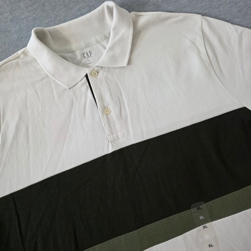 Gap Mens XL Short Sleeve Pique Polo Shirt Cream Olive Green Colorblock